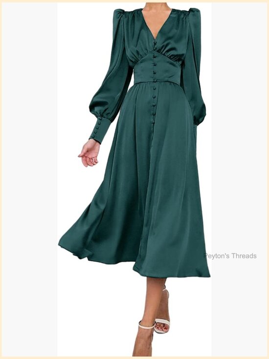 Dresses & Skirts - Women's Puff Sleeve Satin Maxi Dress Long Lantern Sleeve Button Down Ruffle